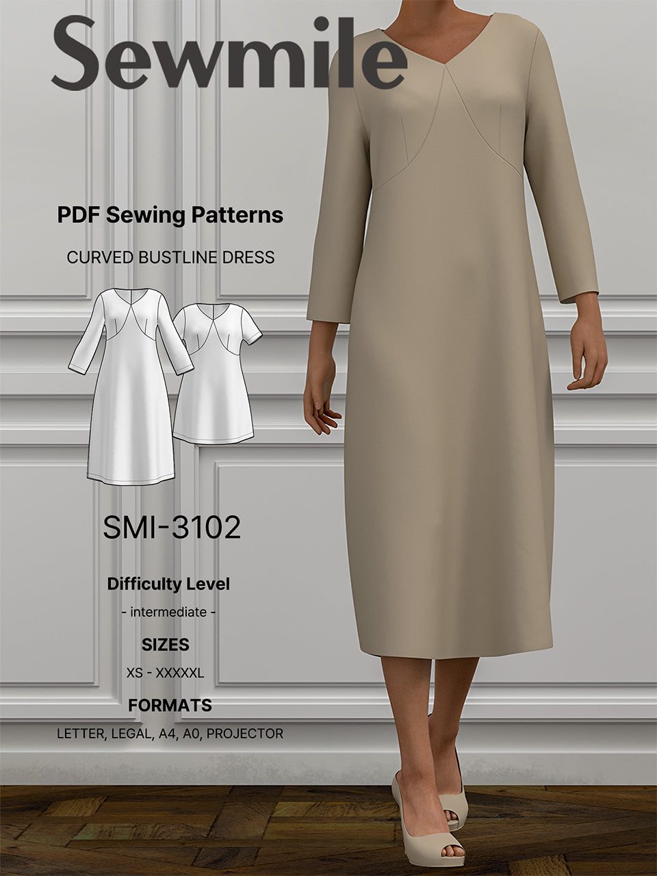 PDF Sewing Pattern [SMI-3102] Curved Bustline Dress - Sewmile